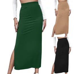 Skirts Side Slit Tunic Midi Skirt Solid Colour Women Waisted Long Slim Fit Bodycon Sexy Style Simple Design Vacation Outfit