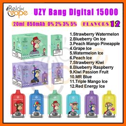 Original UZY Bang Digital 15000 Puff Disposable Vape Pen 0% 2% 3% 5% Mesh Coil 850mAh Rechargeable Battery 20ml Pod Puffs 15K E Cigarettes 12 Flavors VS Bang King 15k