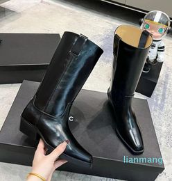 2023 Boot Knight Square Heel Snow Winter Martin Cow Leather Wearproof Booties SZ35-41