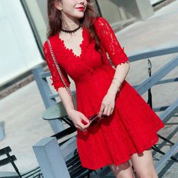 Party Dresses Red Lace V Neck A-Line Solid Hollow Out Half Sleeve Mini Dress 2023 Spring Summer Women Sexy Elegant Casual Short