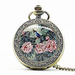 Pocket Watches Fashion Flower Bird Pattern Quartz Watch Analog Pendant Necklace Mens Womens GiftPocket