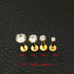 Crystal CZ gem Lip Stud Gold Labret Tragus Earrings 316L Stainless steel Zircon lip nail medical steel nails round 2mm 3mm 4mm275u