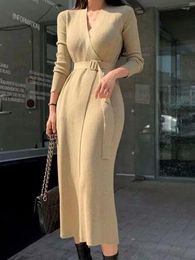 Casual Dresses Women Elegant With Belt Knitted Dress 2023 Autumn Winter Vintage Solid Long Sleeve V Neck Slim Lady Korean Simple Chic