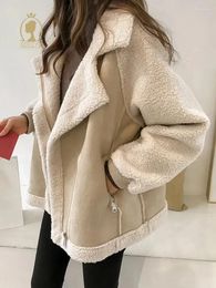 Women's Leather Autumn Winter Coats 2023 Loose Lamb Wool Patchwork Top Harem Korean Vintage Crop Pocket Jacket Women