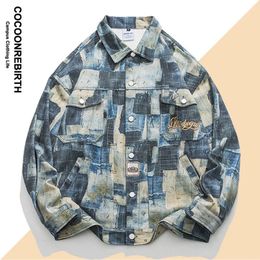 Men's Jackets Letter Embroidered Denim Jacket Men Patchwork Grid Design Washed Jacket Women Fashion Loose Couples Casual Blue Coat 231129