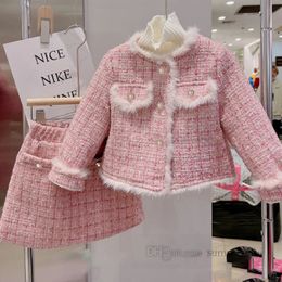 Winter Girls plaid woolen clothes sets kids plush round collar pearls single breasted outwear skirts 2pcs children thicken princess outfits Z5666
