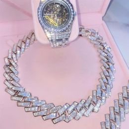 Luxury 18MM Baguette Cuban Link Chan Necklace Iced Out Bracelets 14k White Gold Icy Cubic Zirconia Hiphop Jewelry293v