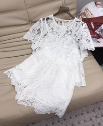 Women's Tracksuits Hollow Out Lace Sequins O-neck Short Sleeve Top High Waist Shorts Women Fashion Sweet 2 Pieces Set Black White