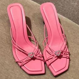 Slippers 2023 Pink Leather Women Cross Thin Strap Beach Summer Shoes Crystal Buckle White Wedding High Heels Slides