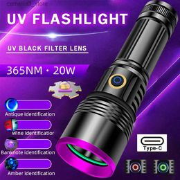 Torches UV Flashlight 365nm Blacklight LED Ultraviolet Light 20W Type-c Rechargeable UV Torch for Pet Urine Amber Detection Resin Curing Q231130