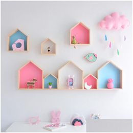 Novelty Items Wooden Small House Shape Decorative Shelf Storage Rack Crafts Ornaments Holder Wall Hanging Decoration Baby Room Home Dhan0