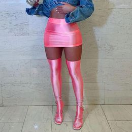 Skirts BKLD Summer Fashion Women Pink Sexy Metallic Package Hip Skirt Elastic High Waist Bodycon Pencil Mini With Long Socks