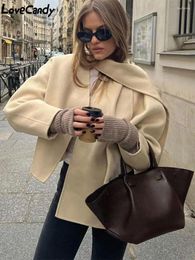 Women's Jackets Autumn Short Beige Coat With Scarf Women Fashion Winter Long Sleeve Loose Female Cardigan Elegant Double Sided Chic