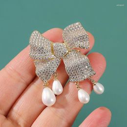 Brooches Elgant Micro Zircon Bow Tassel Water Drop Pearl Broochpins For Women Accessories Korean Luxury Pins Jewelry