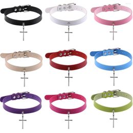 Choker DIEZI 16 Colours Punk Cross Pendant Necklace For Women Fashion Black PU Leather Torques Gothic Jewellery Accessories