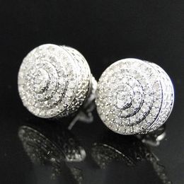 Hip Hop Earrings for Men White Gold Plated Bling Iced Out CZ Round Stud Earrings With Screw Back Jewelry289m