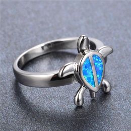 Sea Turtle Design Blue Fire Opal Ring Genuine 925 Silver Finger Rings For Fashion Women Fine Jewellery by 212O