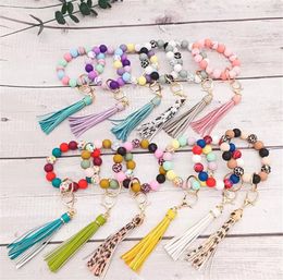 Silicone bead handmade elastic rope bracelet keychain PU leather tassel pendant multi Colour optional df328