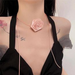 Choker Korean Fashion Big Fabric Rose Flower Necklace For Women Elegant Long Lace-up Rope Chains On The Neck Accessories Jewelry