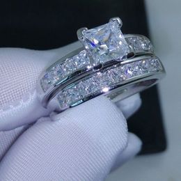 Jewelry 10kt white gold filled Topaz Princess cut simulated Diamond Wedding Ring set gift with box