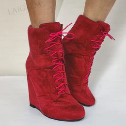 Boots LAIGZEM Women Ankle Wedges Round Toe Lace Up Faux Suede Short Booties Handmade Ladies Shoes Woman Big Size 38 41 44 48 52 231130