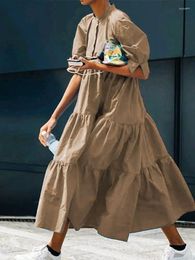 Casual Dresses Summer Shirt Dress VONDA 2023 Women Sundress Puff Sleeve Ruffled Solid Long Robe Femme Buttons Beach Party Vestido