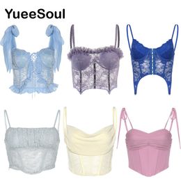 Womens Tanks Camis Lace Mesh Women Corset Top Fashion Y2K Sexy Retro Cute Sweet Tank Fairy Core Aesthetic Summer Sleeveless Crop s 230428