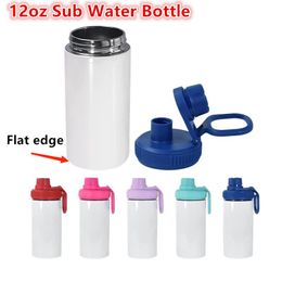 12oz Sublimation Sports Water Bottle with Coloured Lids Stainless Steel Flat Edge Tumbler Vacuum Flask with Wide Mouth Lid Sublimation Flask