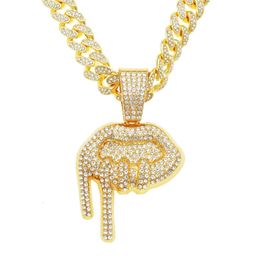 Cool Domineering 3D Full Diamond Lip Pendant With Cuban Necklace, Trendy Men's Personalised And Fashionable Collarbone Chain