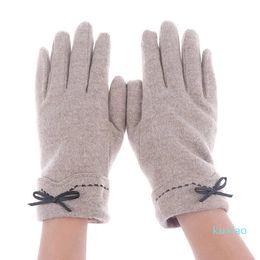 Luxury-Fashion Elegant Female Wool Touch Screen Gloves Winter Women Warm Cashmere Full Finger Leather Bow Dotted Embroidery Gloves