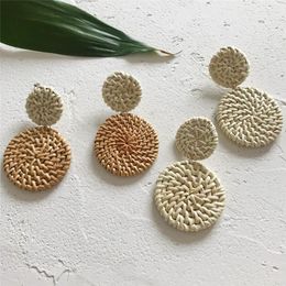 Stud Earrings Fashion Bamboo Wooden Straw Weave Rattan Woven Geometric Round Long Bohemian Style Women Beach Party Jewelry Gift