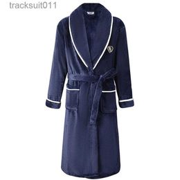 Men's Robes Autumn/Winter Men Nightgown Kimono Bathrobe Gown Coral Fleece Negligee V-neck Intimate Lingerie Solid Colour Sleepwear L231130