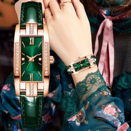 Wristwatches Fashion Rectangle Watch Women Exquisite Small Watches Casual Green Leather Band Quartz Ladies Girls Female Clock