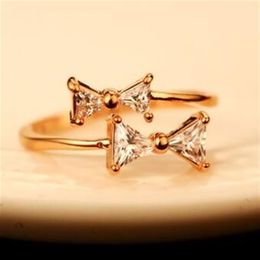 Korean Brand Designer Cubic Zirconia Bowknot Ring Fashion Gold Plated Charms Rings for Women259v