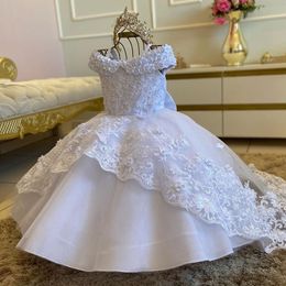 White Tulle Flower Girl Dresses New Pearls Beaded Flowers Lace Appliques Big Bow Handmade Girls Pageant Gowns With Crystal Kids Birthday Party Dress 403