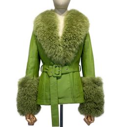 Women's Leather & Faux Women Curly Fur Collar Genuine Jacket Ladies Natural Lambskin Coat