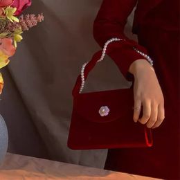 Evening Bags Vintage Pearl Chain Women s Small Square Shoulder Ladies Red Velvet Crossbody Bag Luxury Femlae Underarm Purse Handbags 231129