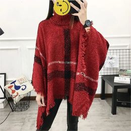 Women's Sweaters Women's Spring and Autumn Korean Turtleneck Plaid Striped Tassel Sleeveless Sweater Midi Asymmetrical Draped Pullover Tops 231127