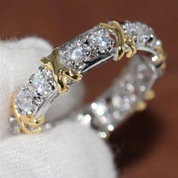 Whole Professional Eternity Diamonique CZ Simulated Diamond 10KT White&Yellow Gold Filled Wedding Band Cross Ring Size 5-11229Q