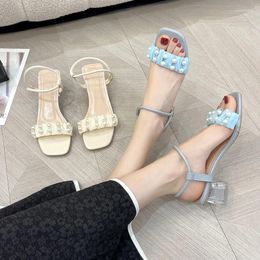 Sandals Women's Crystal High Heel Summer Pearl Square Toe Open Slip-on Female Trend All-match Chunky Heels