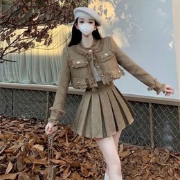 Two Piece Dress Short Tweed Coat Tassel Cardigan Mini Pleated Skirt Two Piece Set Korean Chic Vintage Autumn Jacket 231129