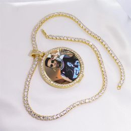 Pendant Necklaces Round Po Custom Made Medallions Picture Necklace & Tennis Chain Gold Color Cubic Zircon Men's Hip Hop Je274D