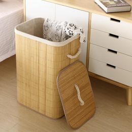 Organization Storage Folding Laundry Basket Organizer HandWoven Large Capacity Bamboo Baskets Cover Household Clothes Toys Storage Bucket