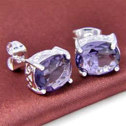 6 Pairs Luckyshine Mystical Purple Amethyst Oval Gems 925 Silver Plated Stud Earrings Jewellery Unisex Stud Earrings2893