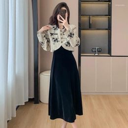 Casual Dresses Classic Style Strap Suit For Women 2023 Autumn Embroidered Short Jacket Adult Lady Like Woman Two-Piece Set Dress