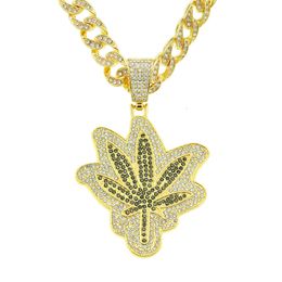 Hip Hop Full Diamond Maple Leaf Cuban Chain Necklace Accessories Trendy Men And Women Street Personality Pendant Neckchain