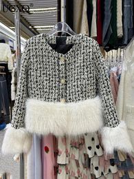 Women's Jackets UCXQ Black White Tweed Jacket For Women Long Sleeve Faux Fur Spliced Plush O-neck Coat 2023 Autumn Winter Clothes 23A5037