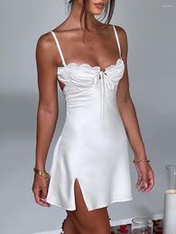 Casual Dresses Women's Sleeveless Spaghetti Strap Backless Lace Trim Tie Up Short Dress Summer Solid Colour Skinny Sling Black/White