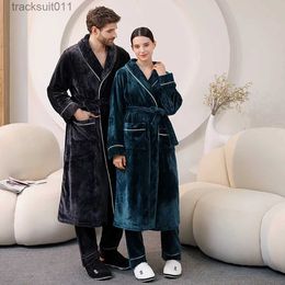 Men's Robes Flannel Double-side Thicken Couple Sleepwear Lengthened Robe for Men Elegant Shl Collar Bathrobe+Straight Leg Pyjama Pants 3XL L231130