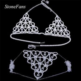StoneFans Women Sexy Heart Rhinestone Bra Body Chest Chain Accessories Crystal Body Jewelry transparent Thong Panties Underwear T23379